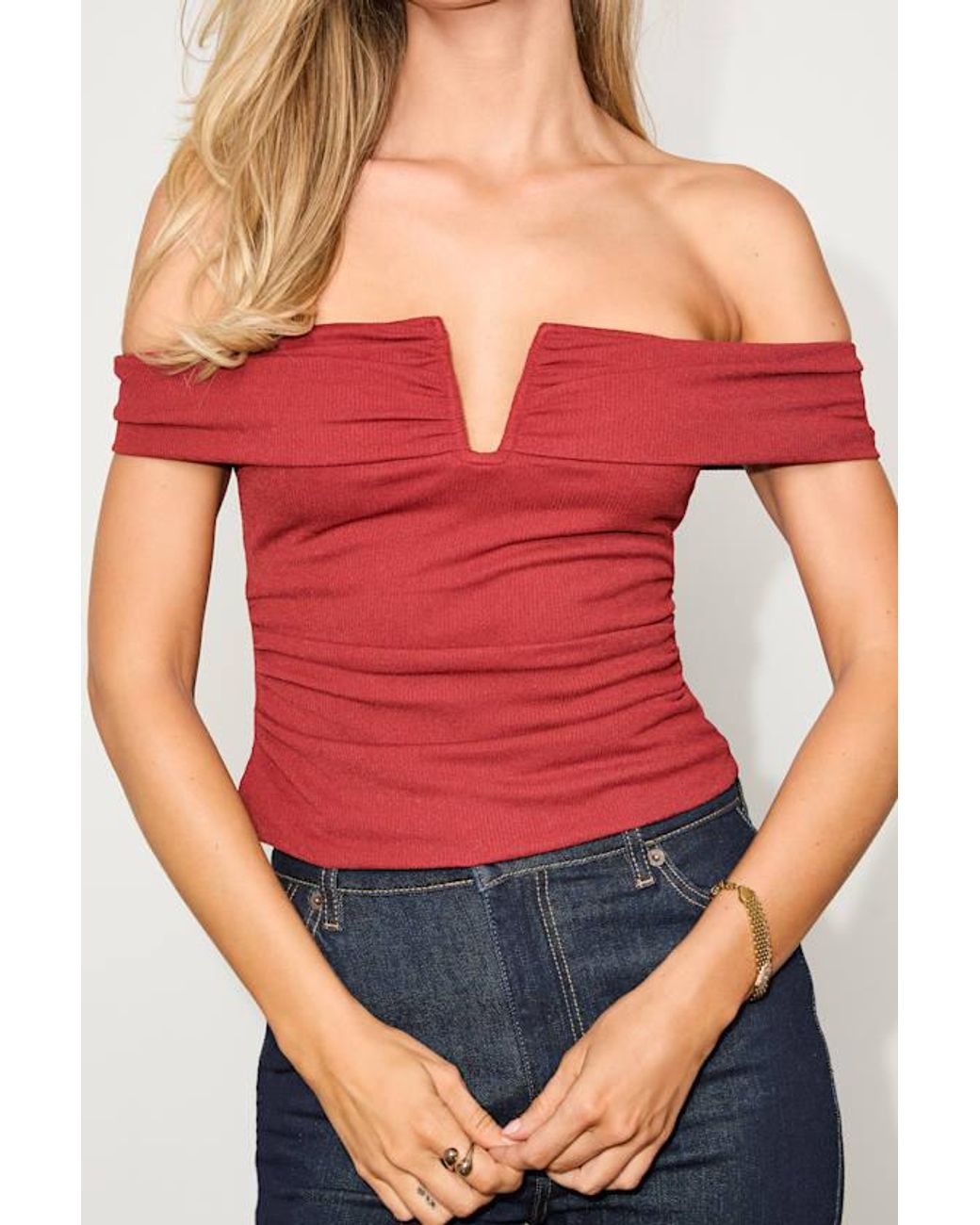 Lulus Red Reema Ribbed Notched Off-The-Shoulder Top