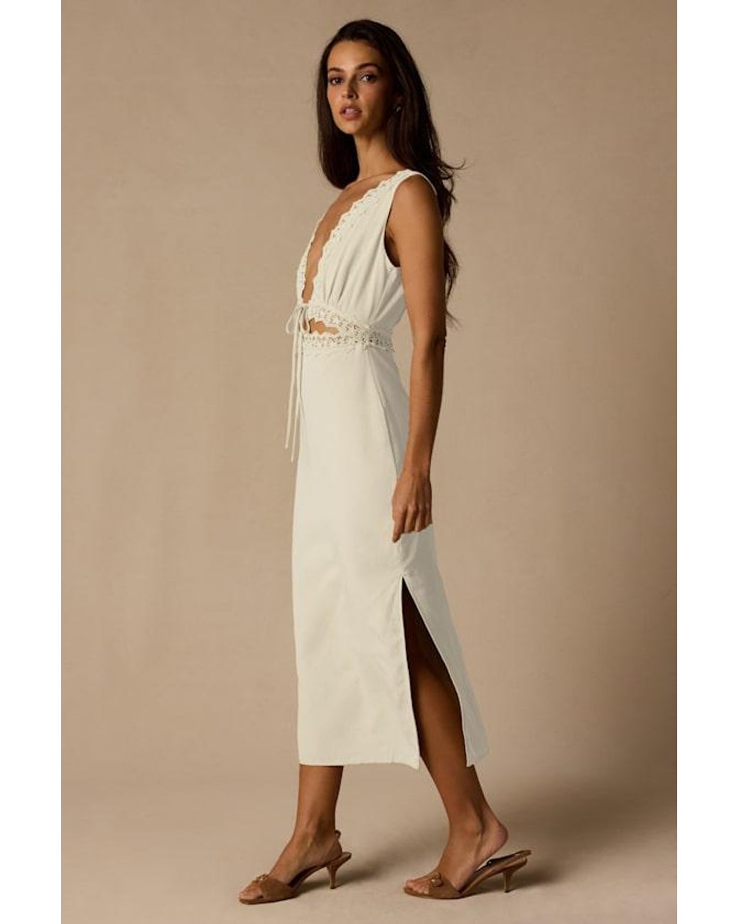 Lulus Natural Connie Lace Tie-Front Midi Dress