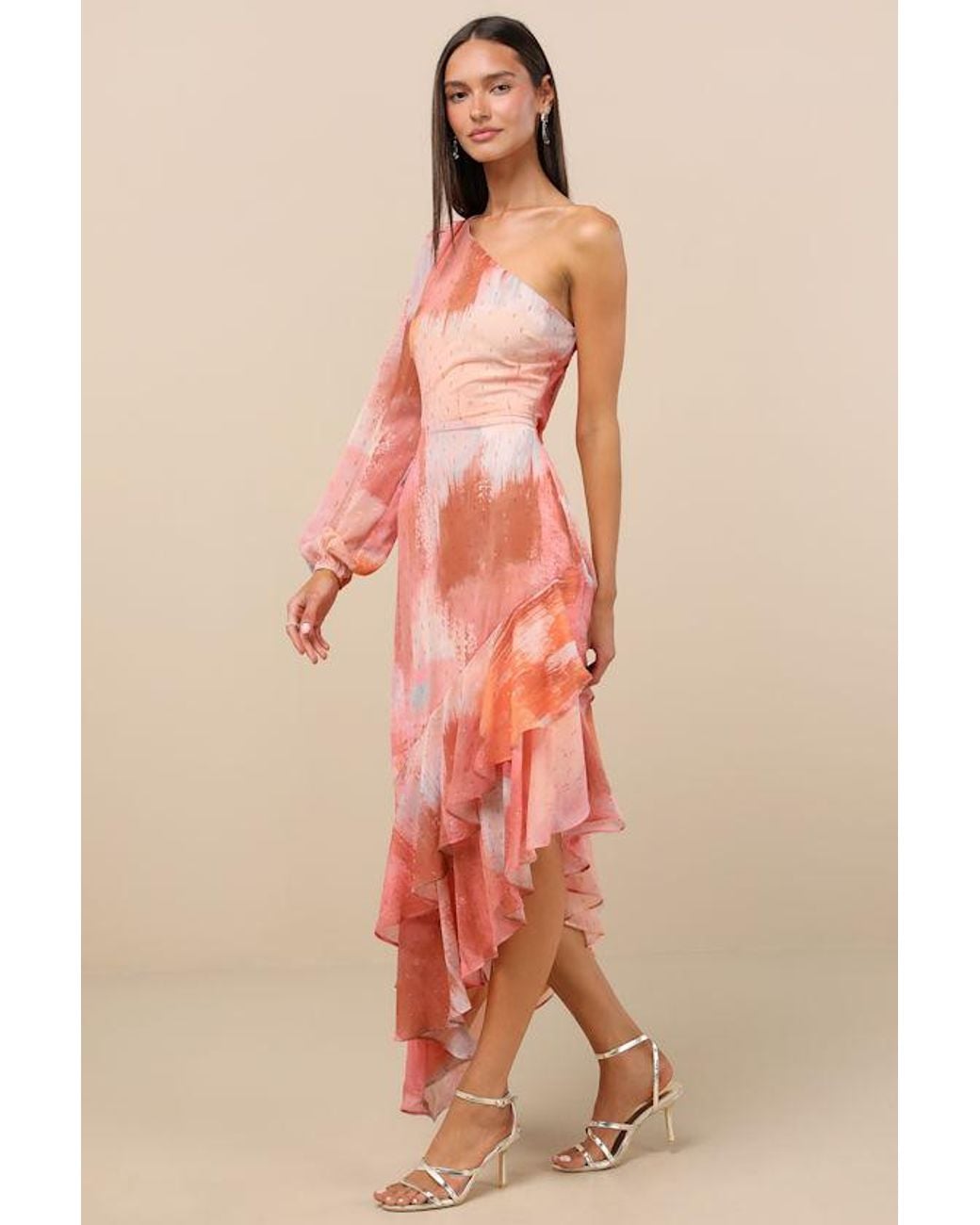 Lulus Pink Faria Multi Abstract Metallic Clip Dot Midi Dress