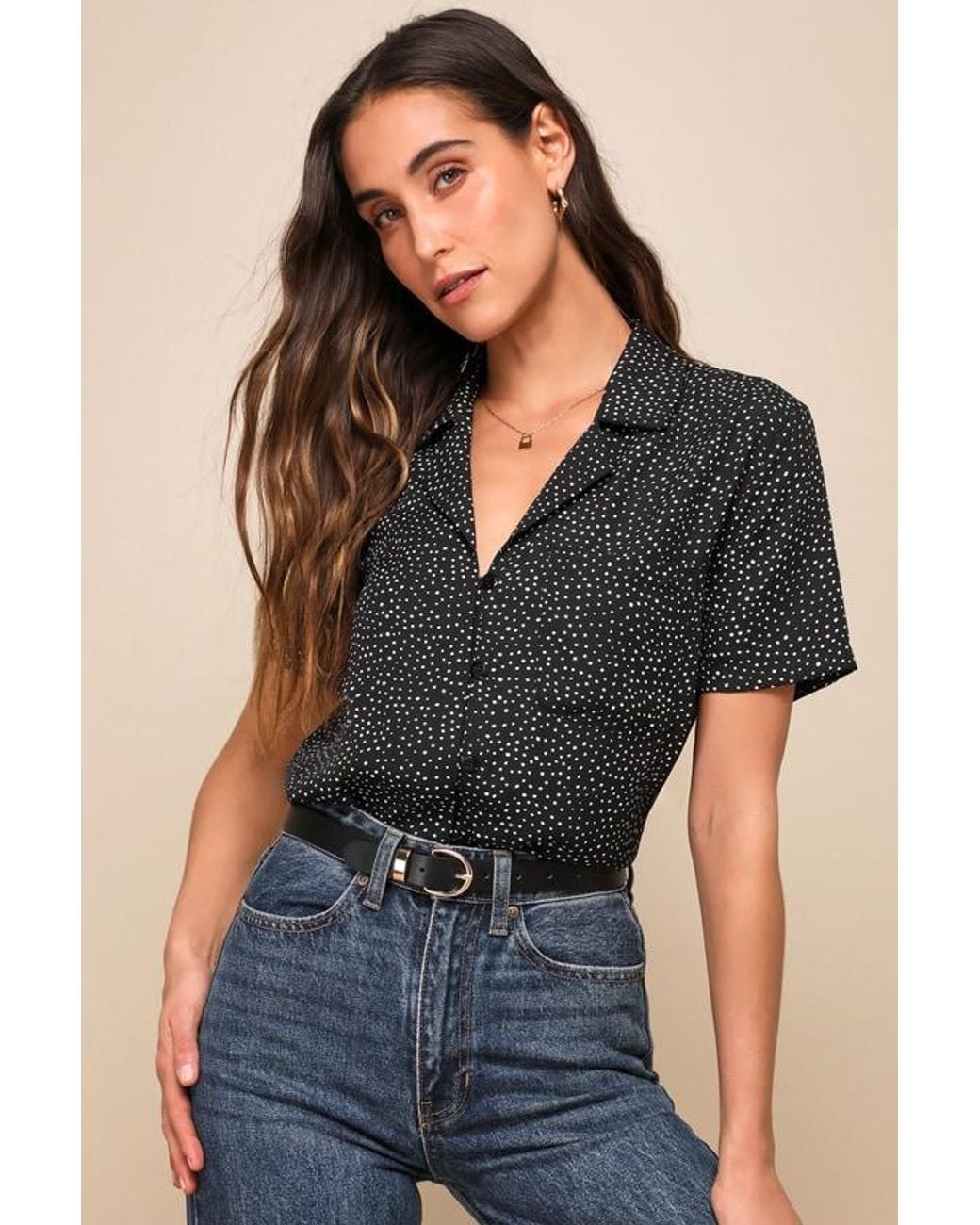 Lulus Black Good Luck Charm Polka Dot Short Sleeve Button-Up Top