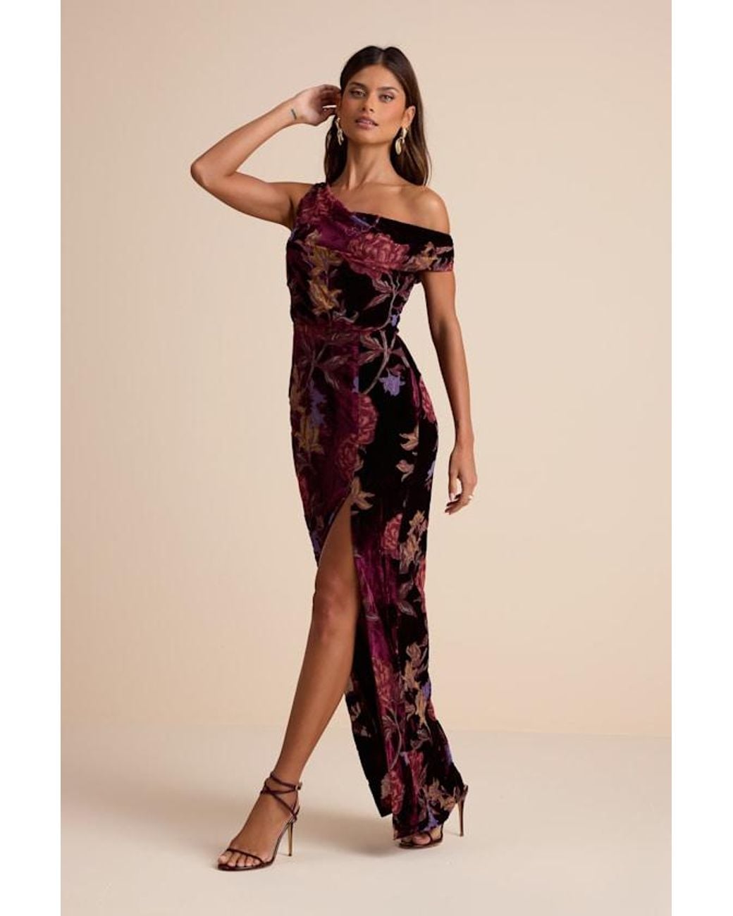 Lulus Marnella Floral Velvet Burnout Asymmetrical Maxi Dress in Natural