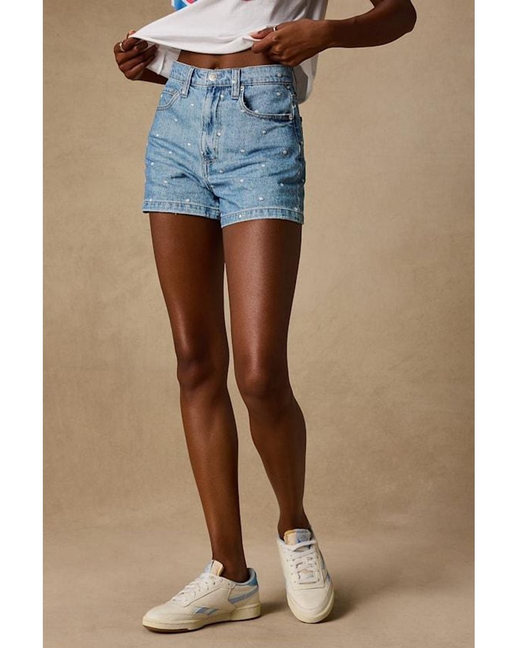 Daze Denim Blue Knockout Medium Wash Polka Dot Denim Shorts