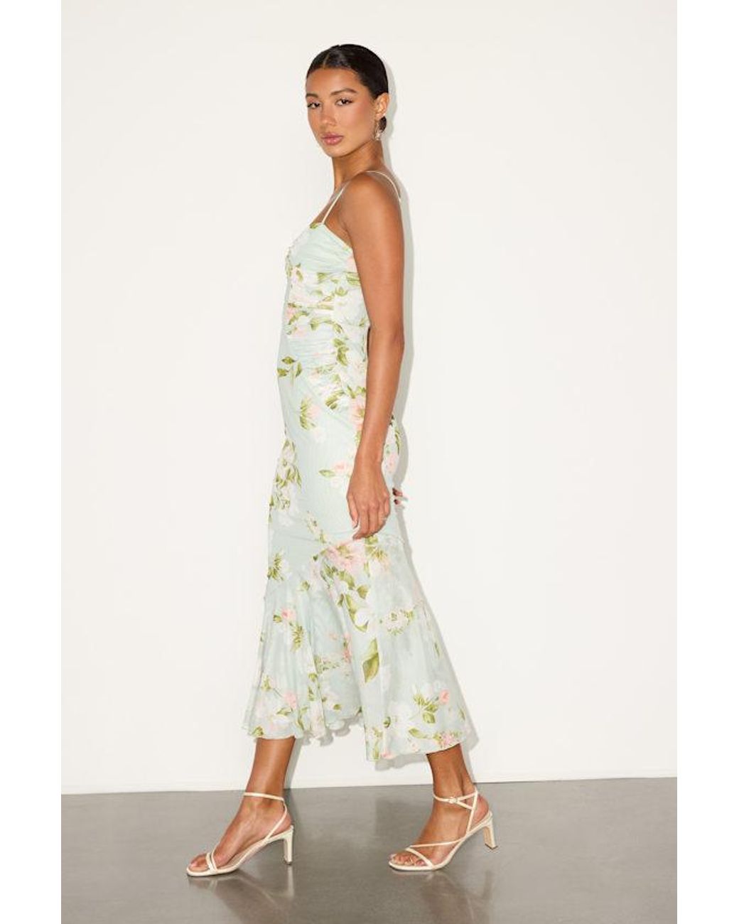 Lulus White Giorgina Sage Floral Mesh Gathered Trumpet Midi Dress