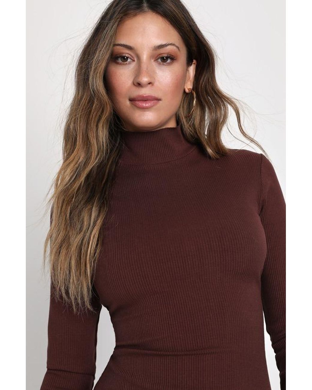 Lulus Brown Sweet Season Ribbed Mock Neck Long Sleeve Bodycon Dress