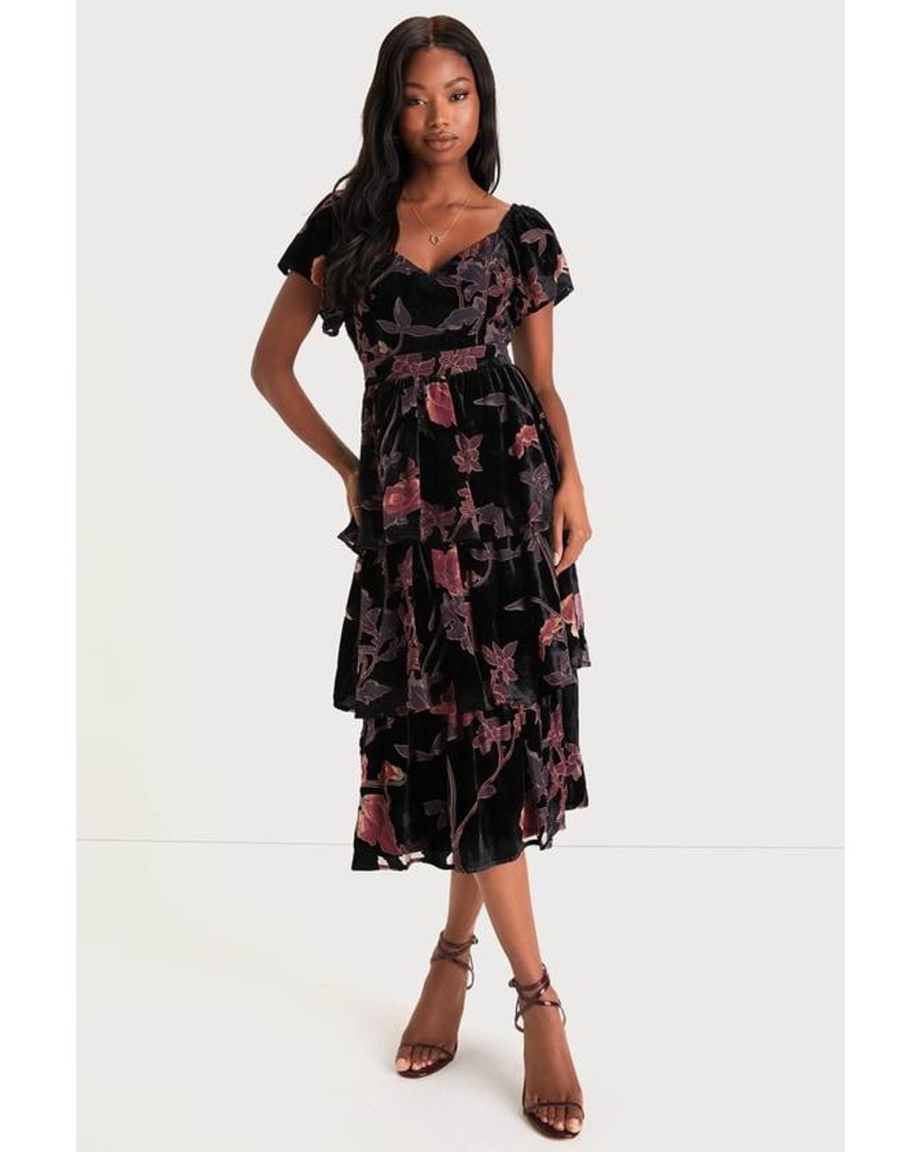 Lulus Black Oh-So Lovely Floral Burnout Velvet Tiered Midi Dress