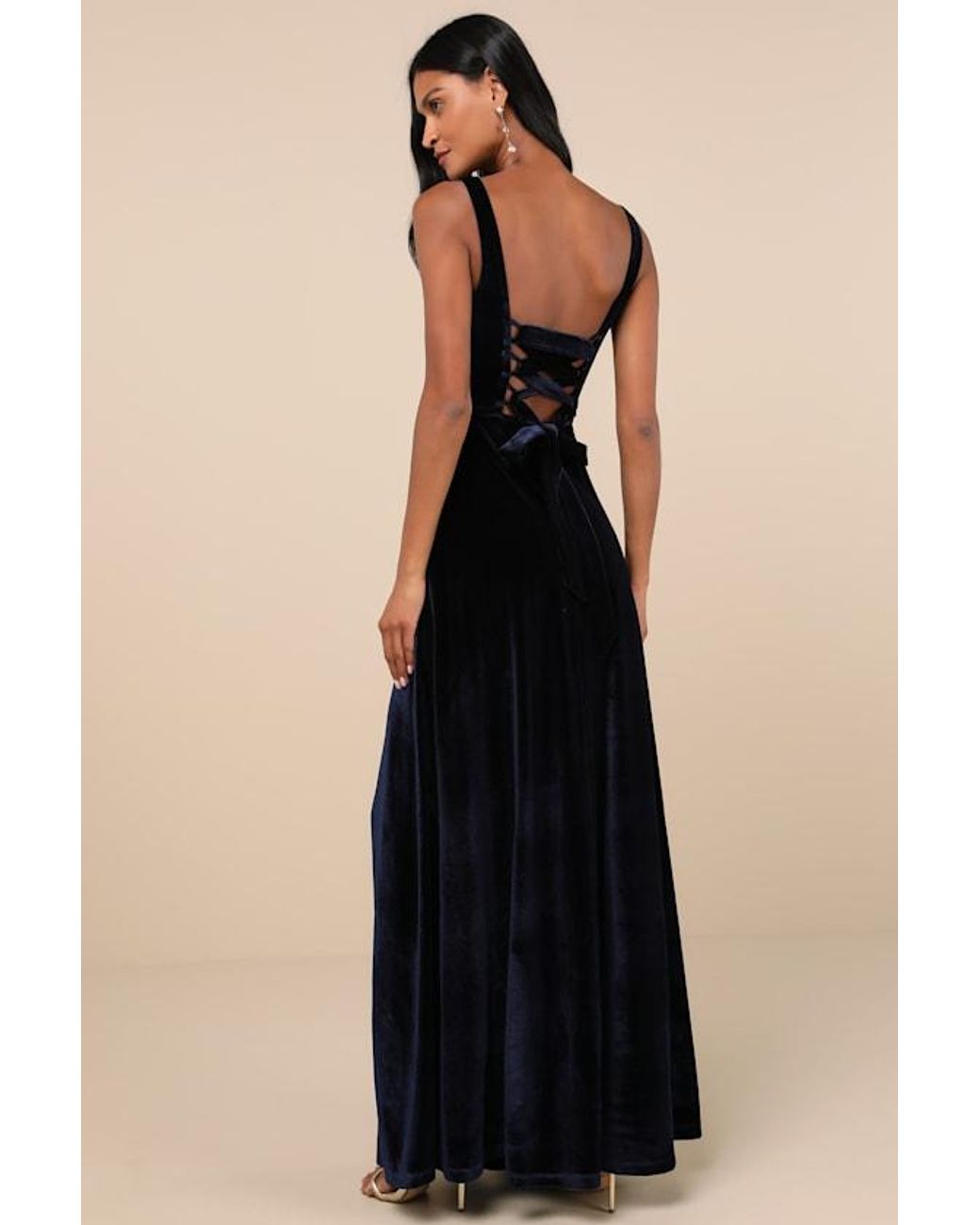 Lulus Blue Graceful Invite Velvet Square Neck Lace-Up Maxi Dress
