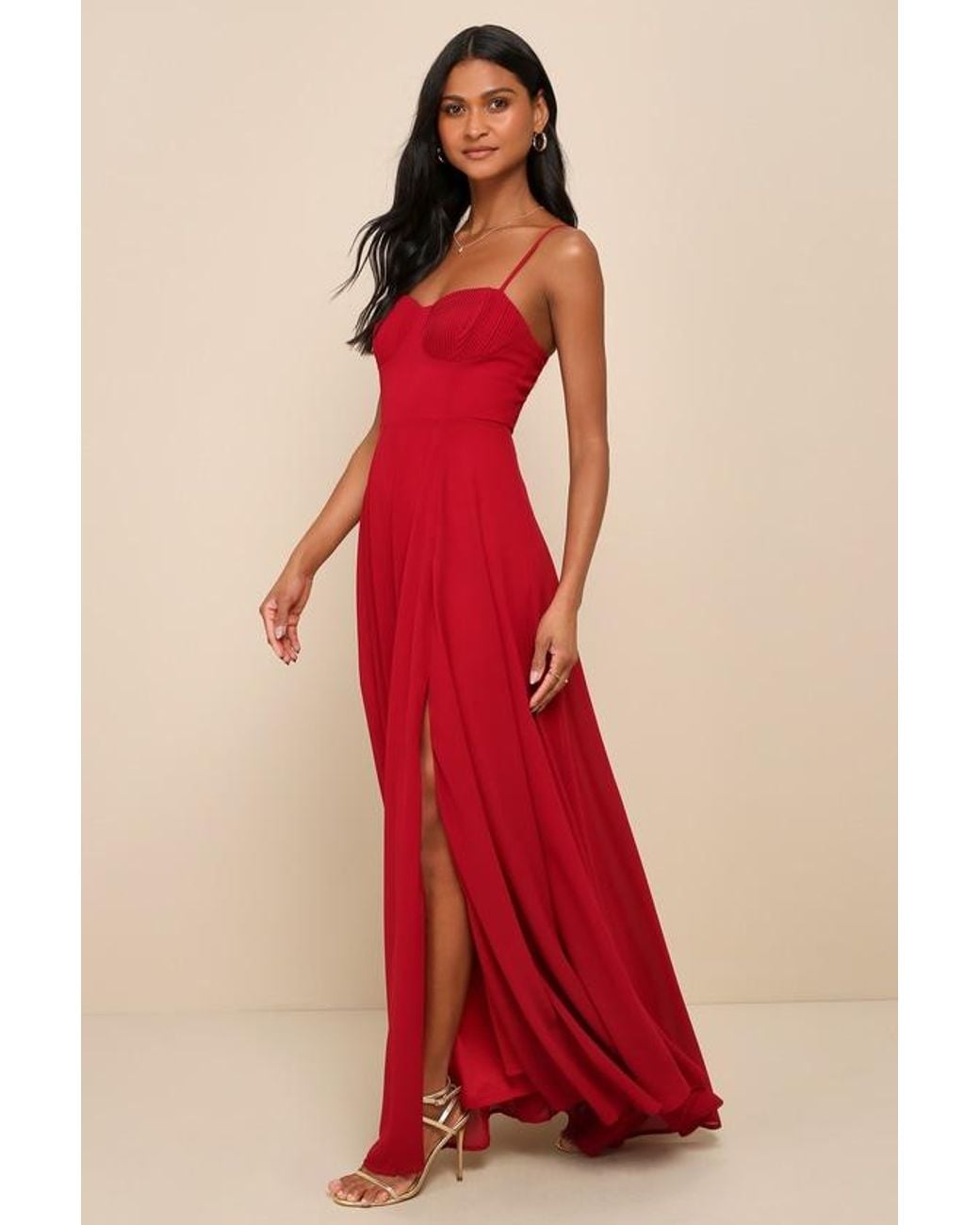 Lulus Red Cause For Commotion Pleated Bustier Maxi Dress