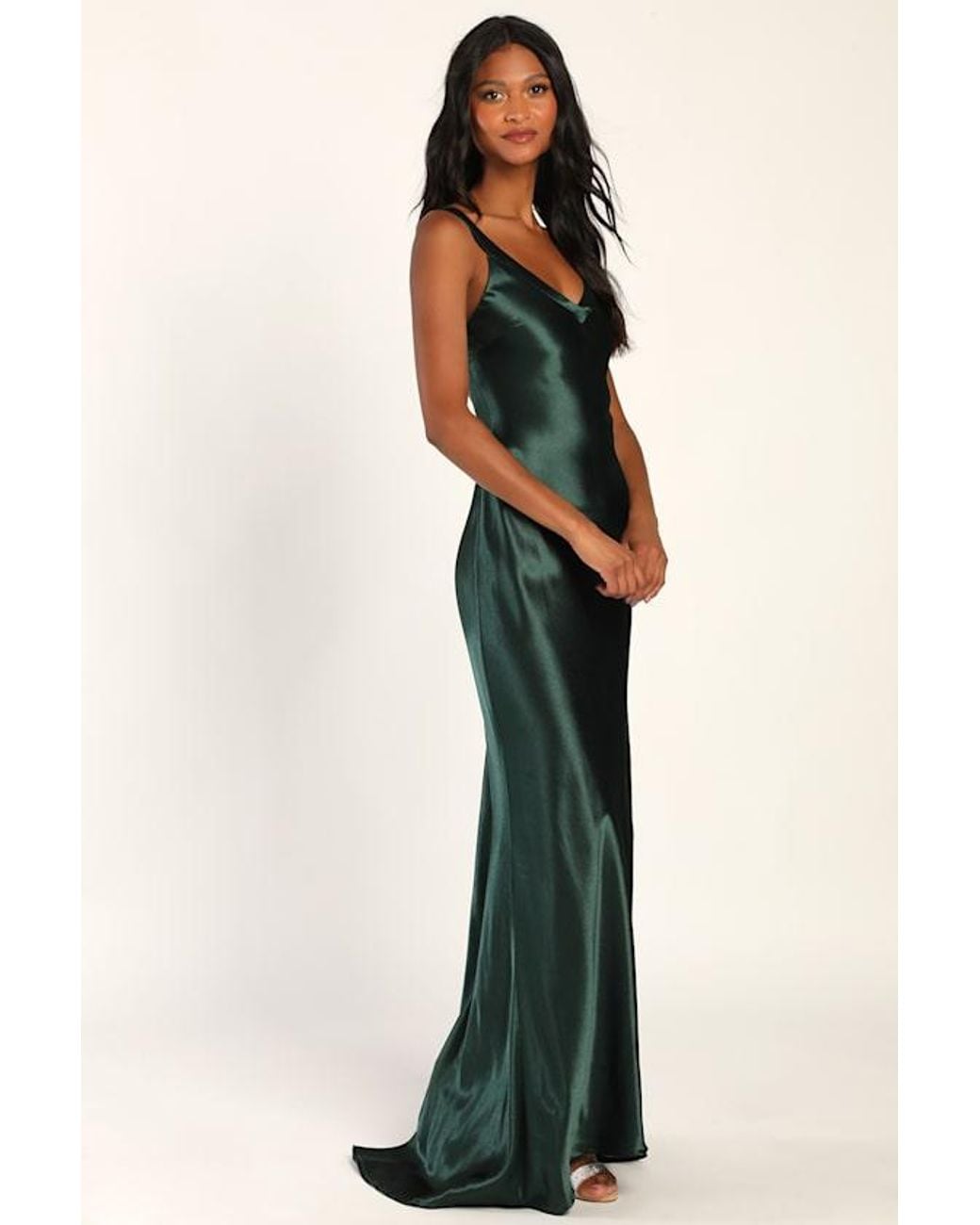 lulus captivated emerald green cowl neck maxi dress Perfectly Classy Satin Strappy in Sheer chiffon