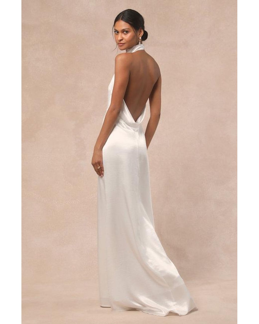Lulus White Meliana Satin Halter Backless Maxi Dress