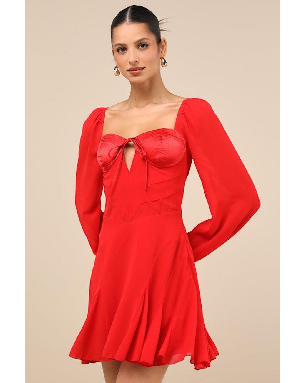 Lulus Red Excellent Presence Long Sleeve Tie-Back Mini Dress