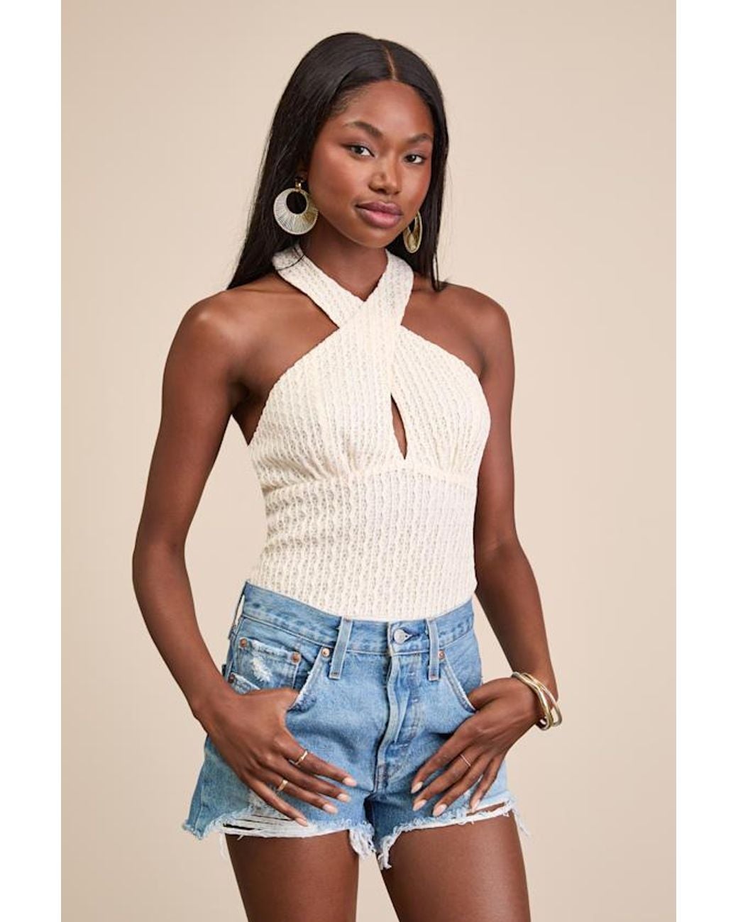 Lulus Blue Sidia Cream Textured Knit Cross-Front Bodysuit