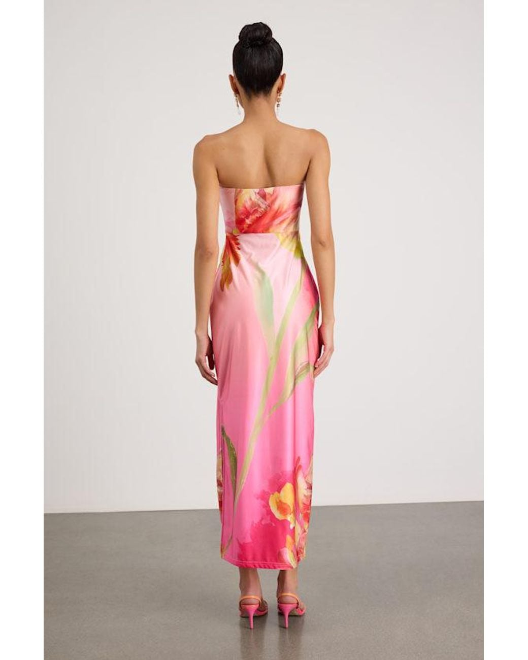 Lulus Pink Anahi Multi Floral Satin Strapless Maxi Dress
