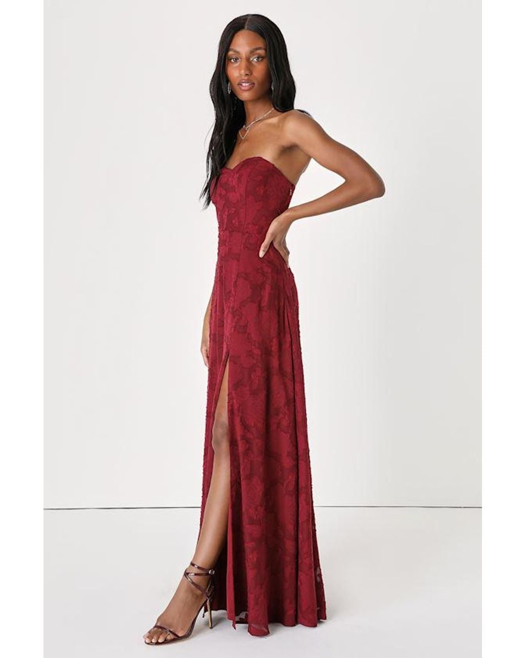 Lulus Red Garden Of Romance Floral Burnout Strapless Maxi Dress