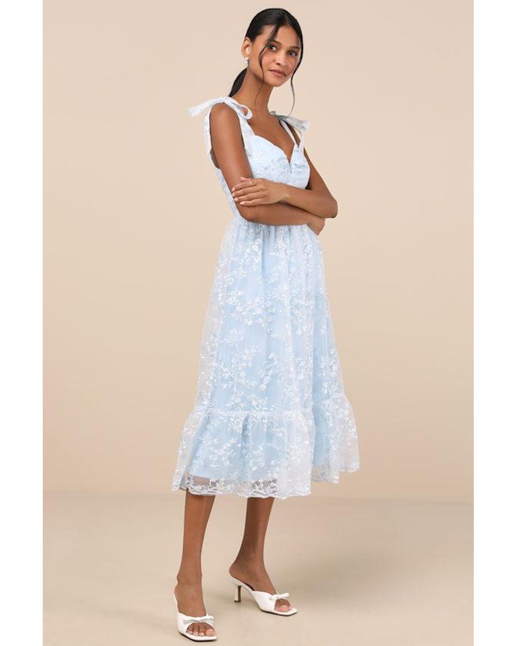 Lulus Distinctly Sweet Floral Embroidered Tie-Strap Midi Dress in Blue |  Lyst