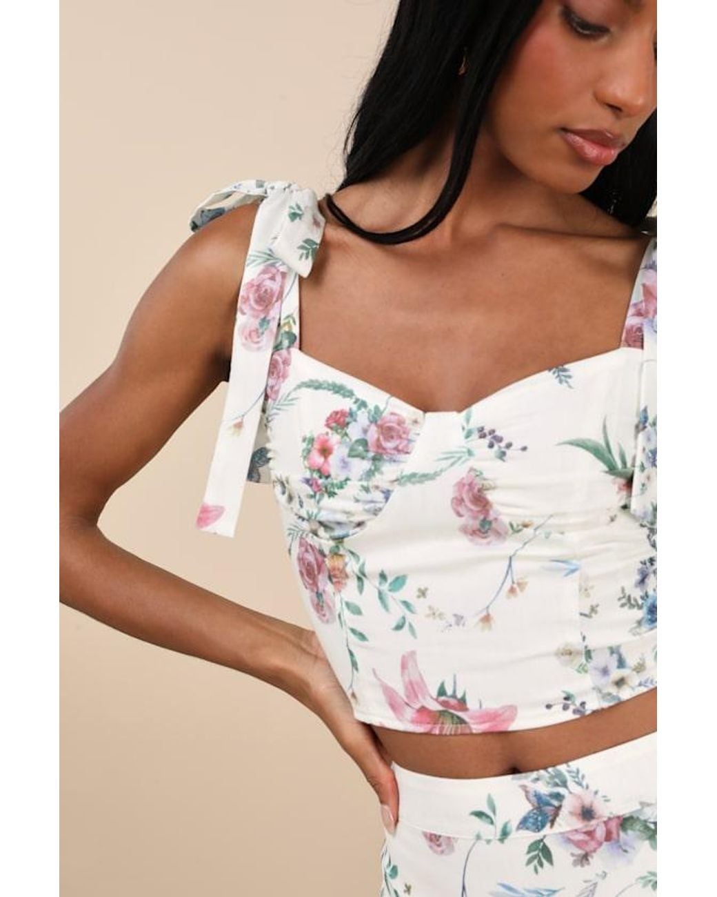 Lulus White Beautifully Chic Floral Tie-Strap Bustier Top