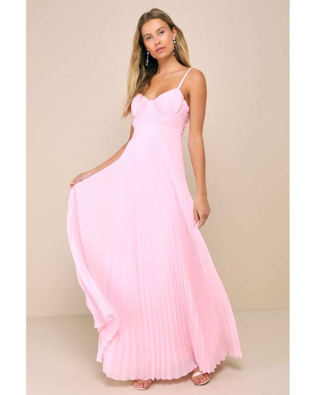 Pleated pink maxi dress discount