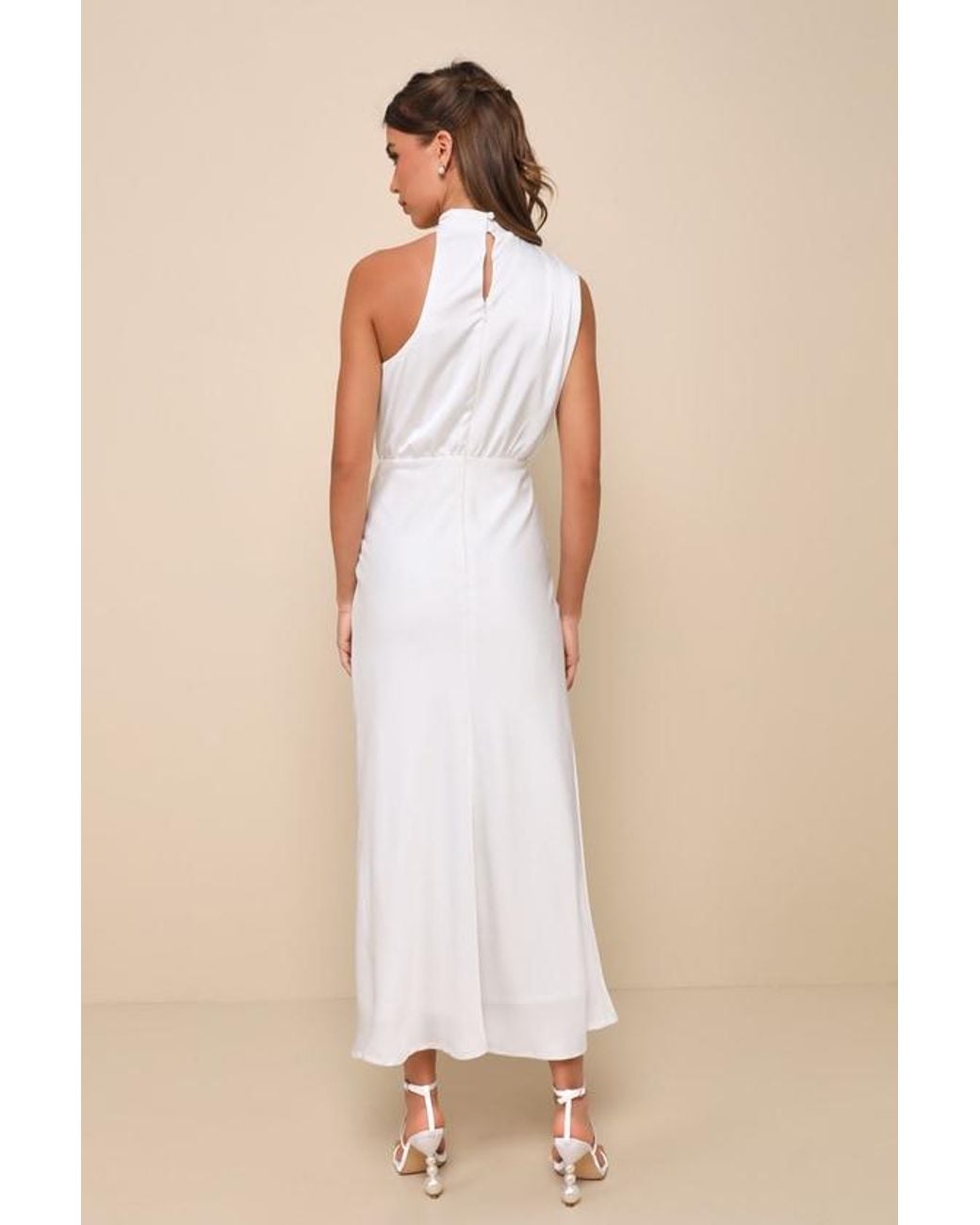 Lulus Natural Distinctive Charm Satin Asymmetrical Midi Dress
