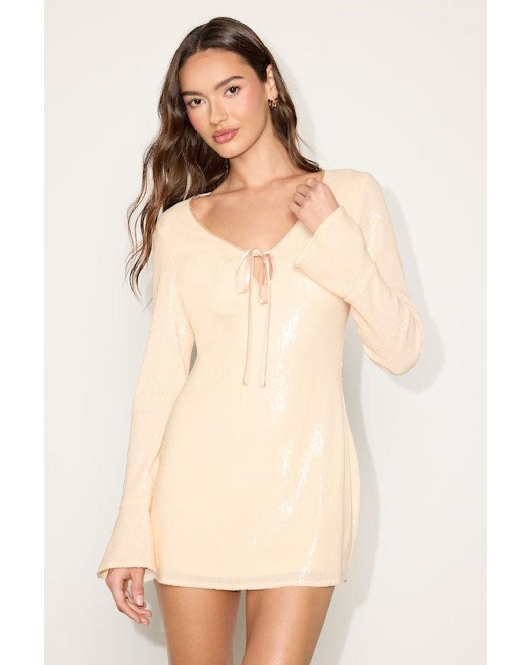 Lulus Natural Reims Cream Sequin Keyhole Long Sleeve Mini Dress