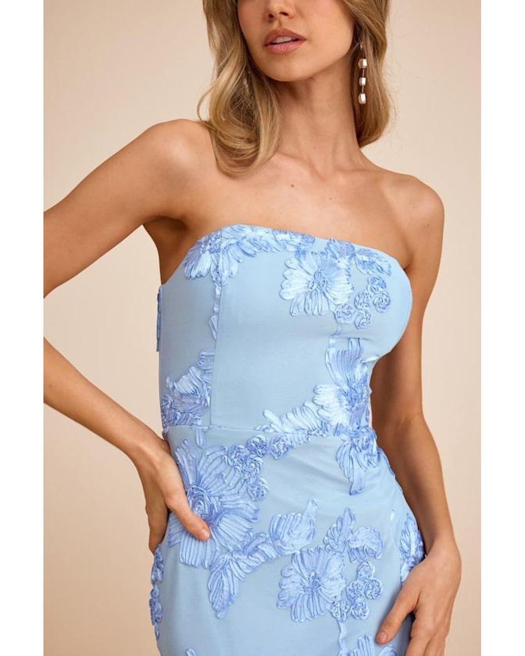 Lulus Blue Kattalin Floral Applique Strapless Midi Dress