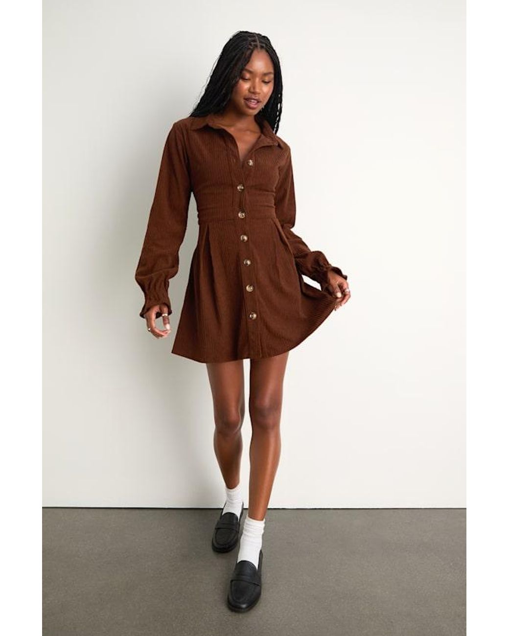 princess polly baby blue dress Lulus Autumn Mood Dark Corduroy Mini Dress With Pockets in Brown