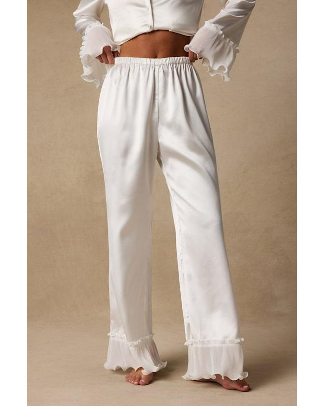 Lulus Natural Melanie Satin Ruffled Two-Piece Pajama Set
