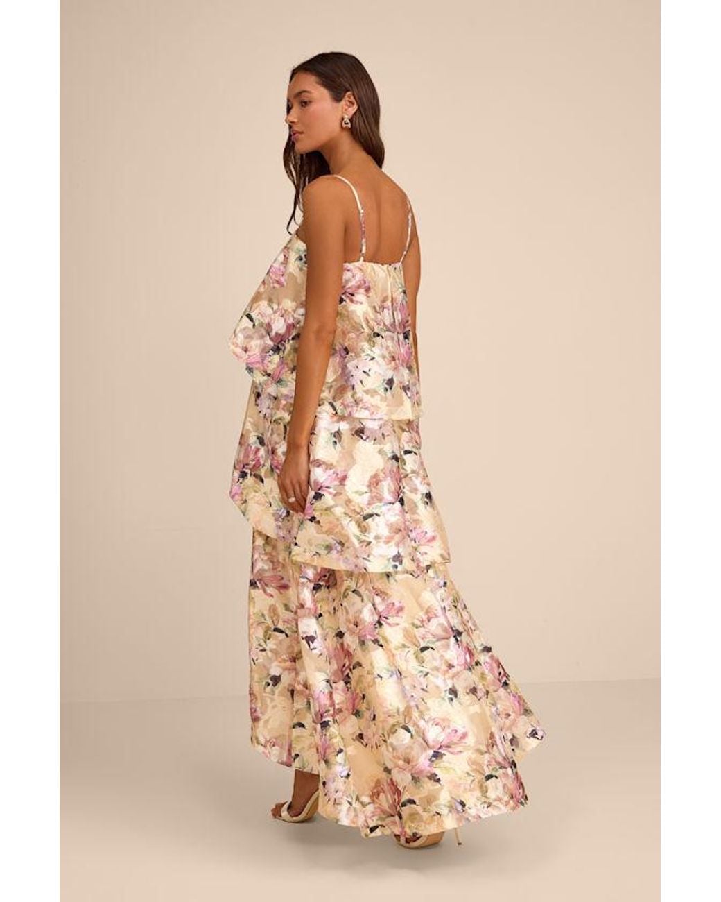 Lulus Natural Daneli Multi Floral Jacquard Tiered Maxi Dress