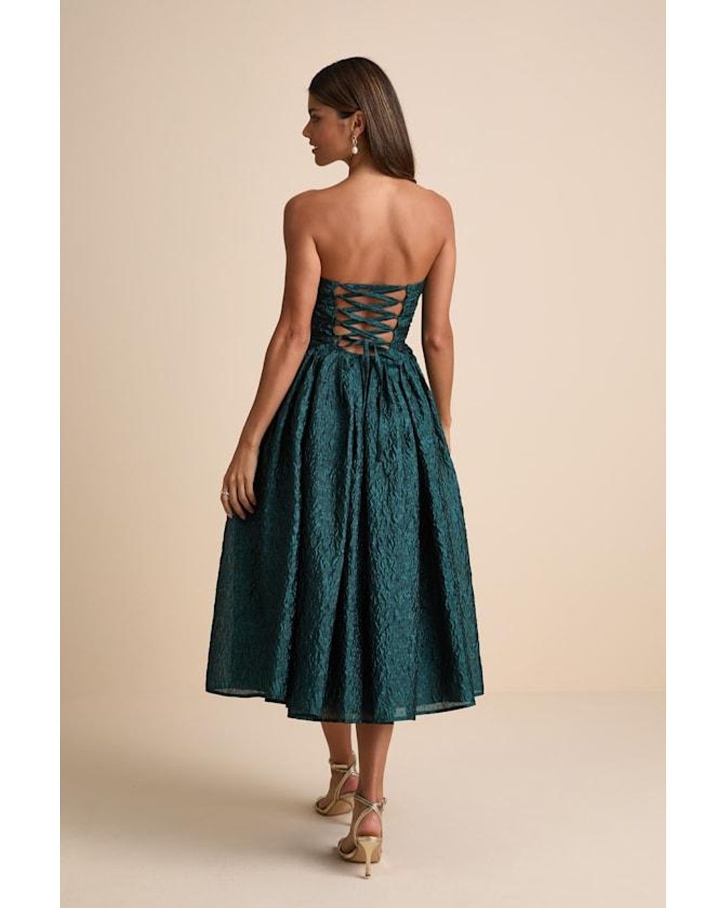 Lulus Blue Analeia Dark Jacquard Lace-Up Strapless Midi Dress