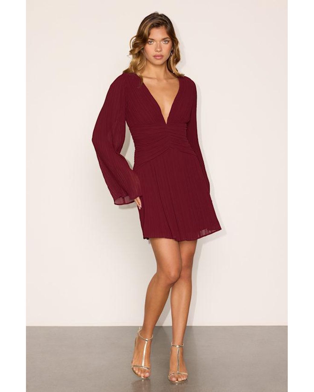 Lulus Red Rhea Pleated Long Sleeve Mini Dress