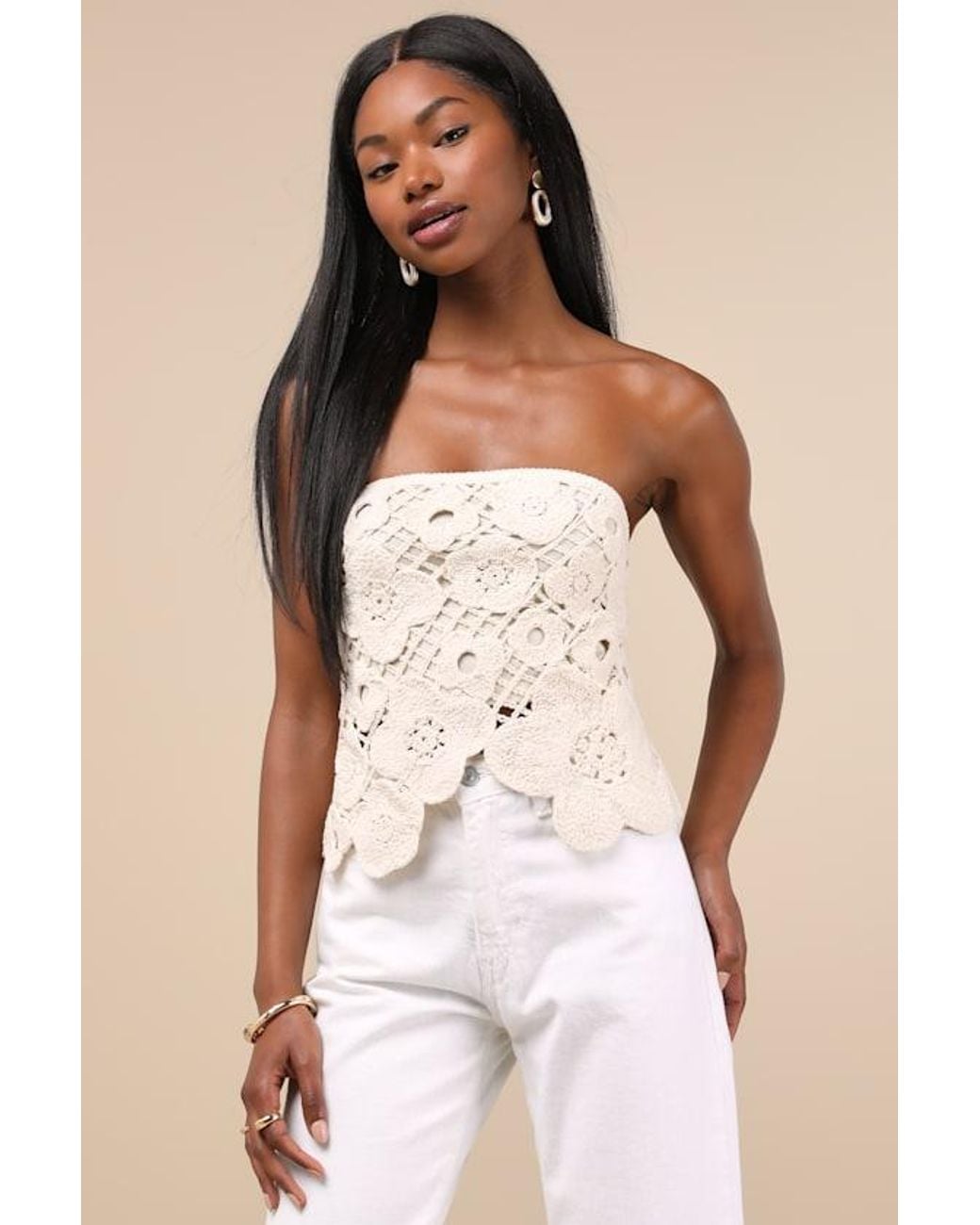 Lulus Natural Envied Attitude Crochet Strapless Crop Top