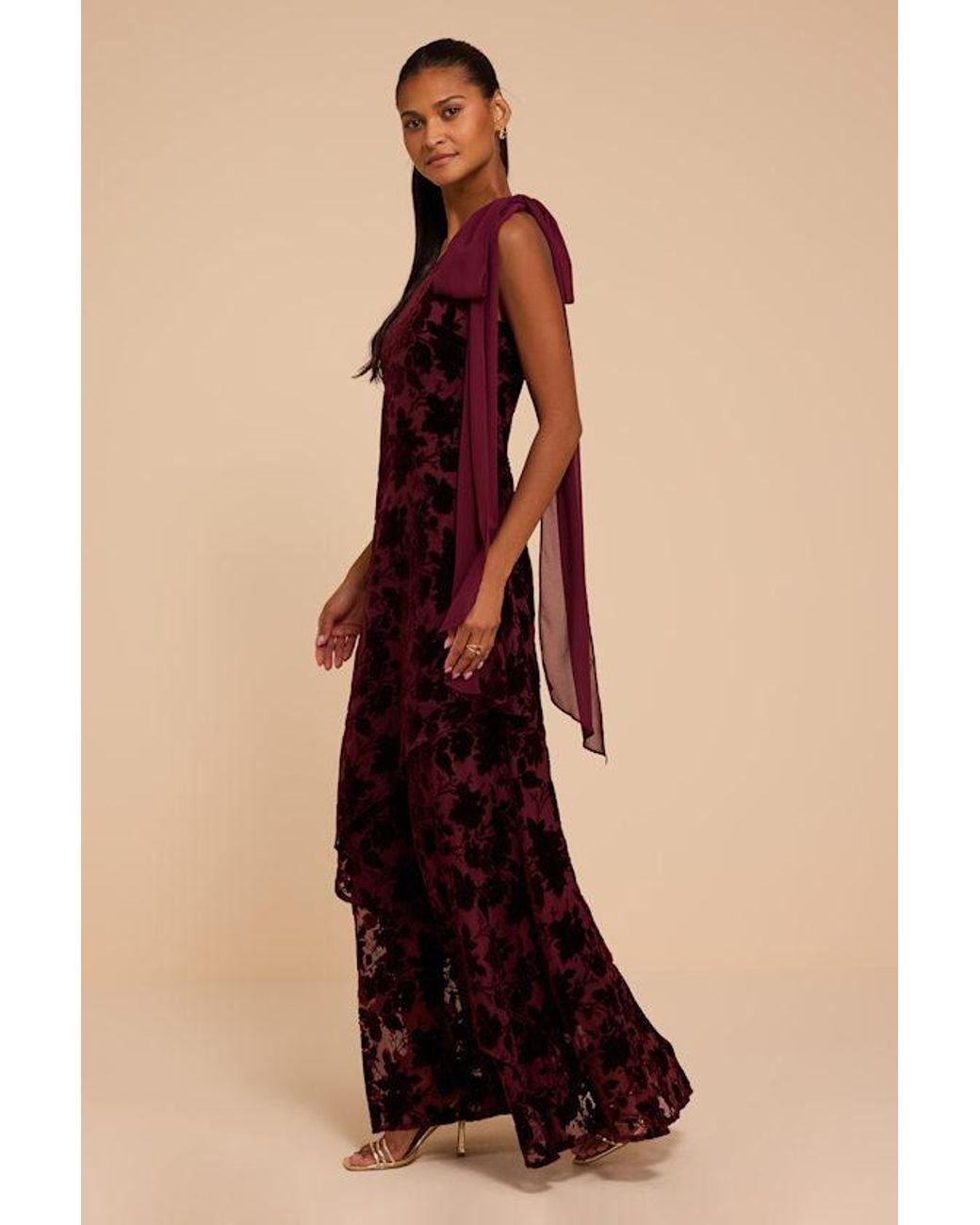 Lulus Red Camellia Burnout Velvet One-Shoulder Bow Maxi Dress
