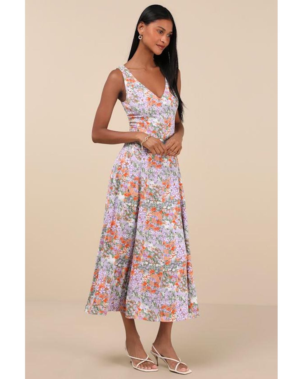 Lulus Natural Your Only Darling Floral Print Sleeveless Midi Dress