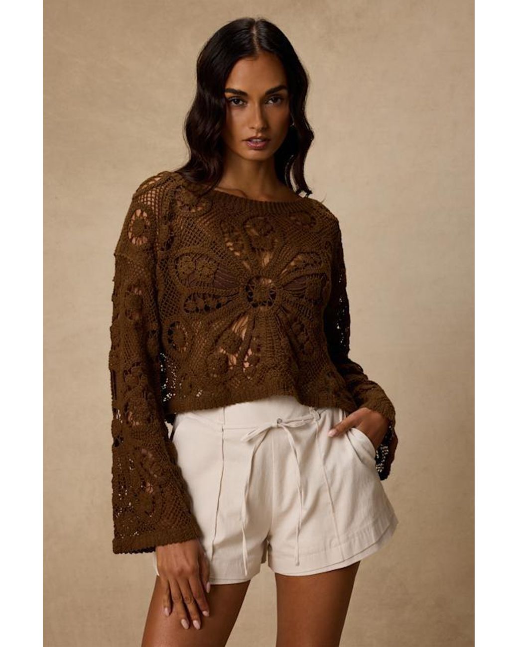 Lulus Brown Martinez Sheer Crochet Pullover Sweater