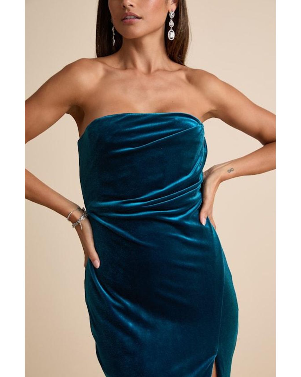 Lulus Blue Perfectly Captivating Dark Velvet Strapless Maxi Dress