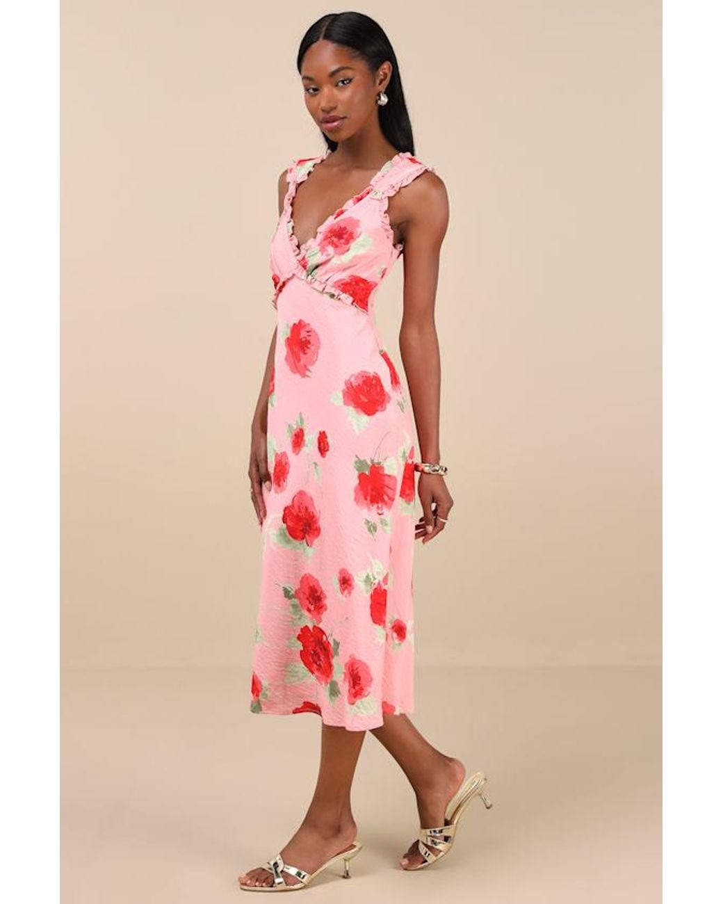 Lulus Pink Clarrie Floral Crinkle Satin Ruffled Midi Dress