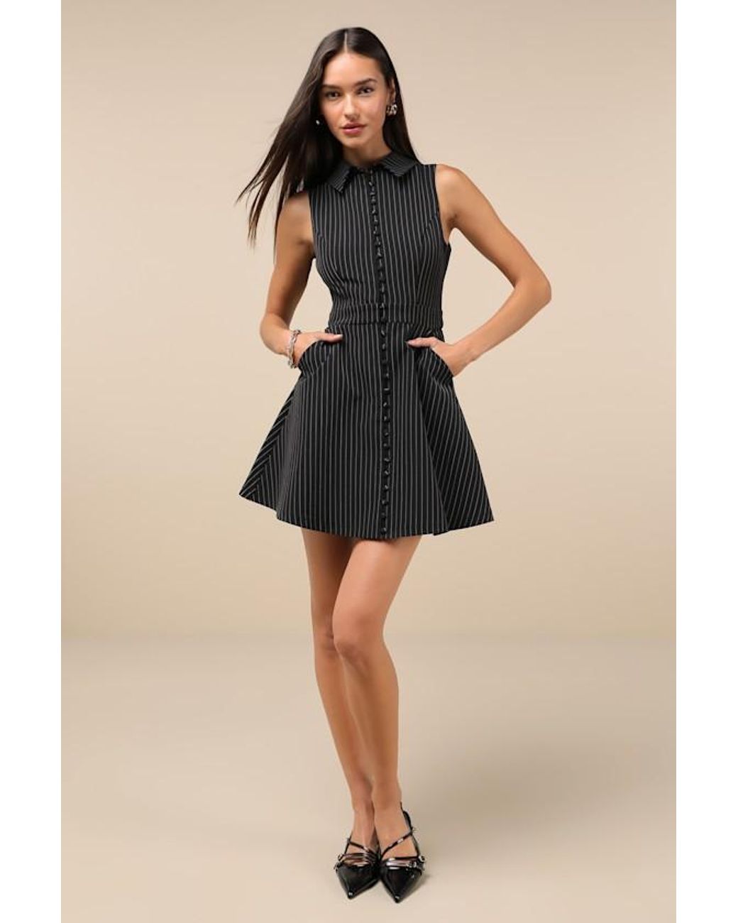 Lulus Black Totally Poised Pinstriped Collared Mini Dress With Pockets