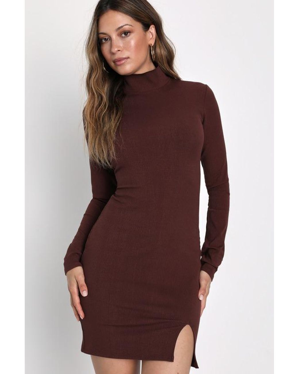 Lulus Brown Sweet Season Ribbed Mock Neck Long Sleeve Bodycon Dress
