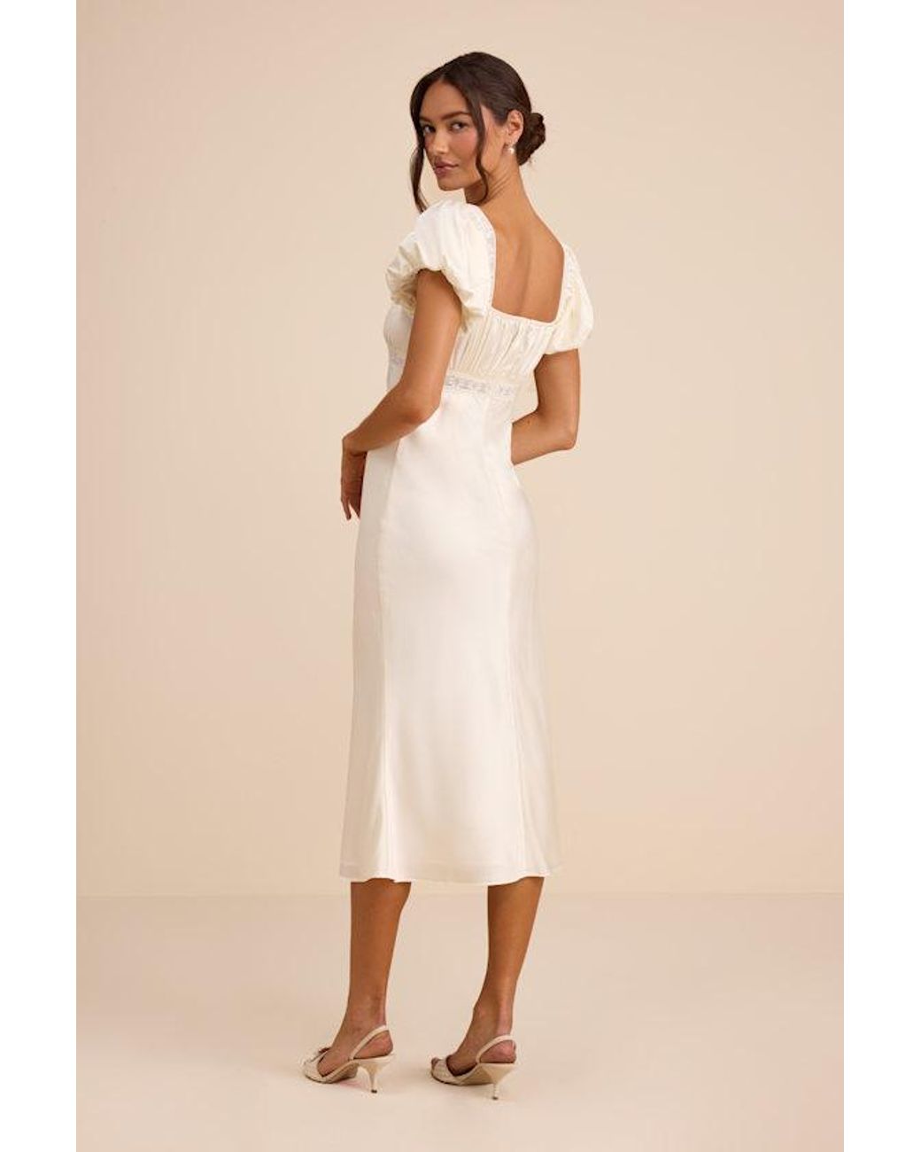 Lulus Natural Catherine Satin Puff Sleeve Slip Midi Dress