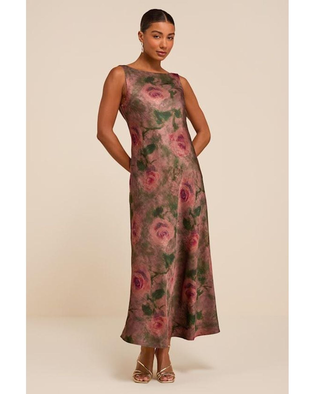 Lulus Natural Bella Floral Satin Cowl Maxi Dress