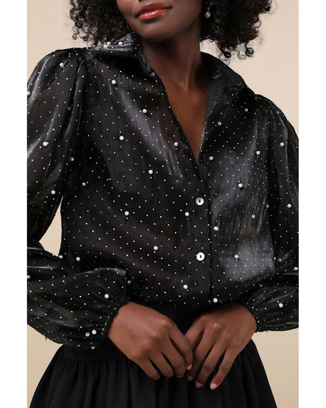 Lulus Black Poised Glam Sheer Rhinestone Button-Up Top