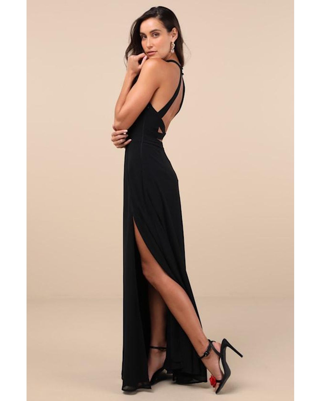 chinese dress ladies LuLus Blue Crochet Maxi Halter Dress with Thigh High Slit. Size S –  eBargainsAndDeals Vintage Store main image 1