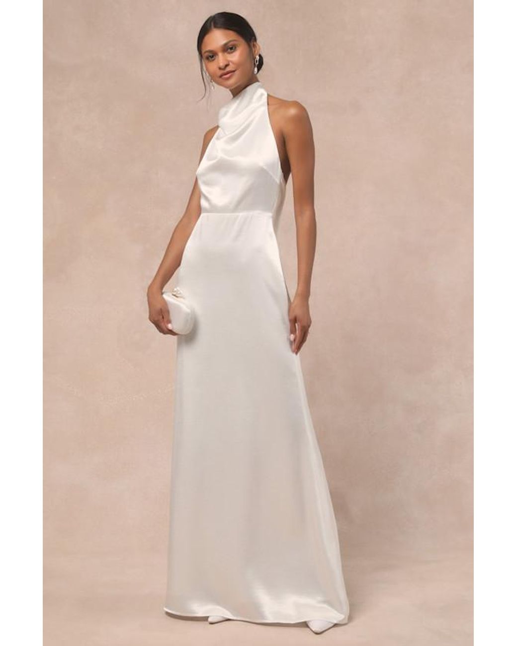 Lulus White Meliana Satin Halter Backless Maxi Dress