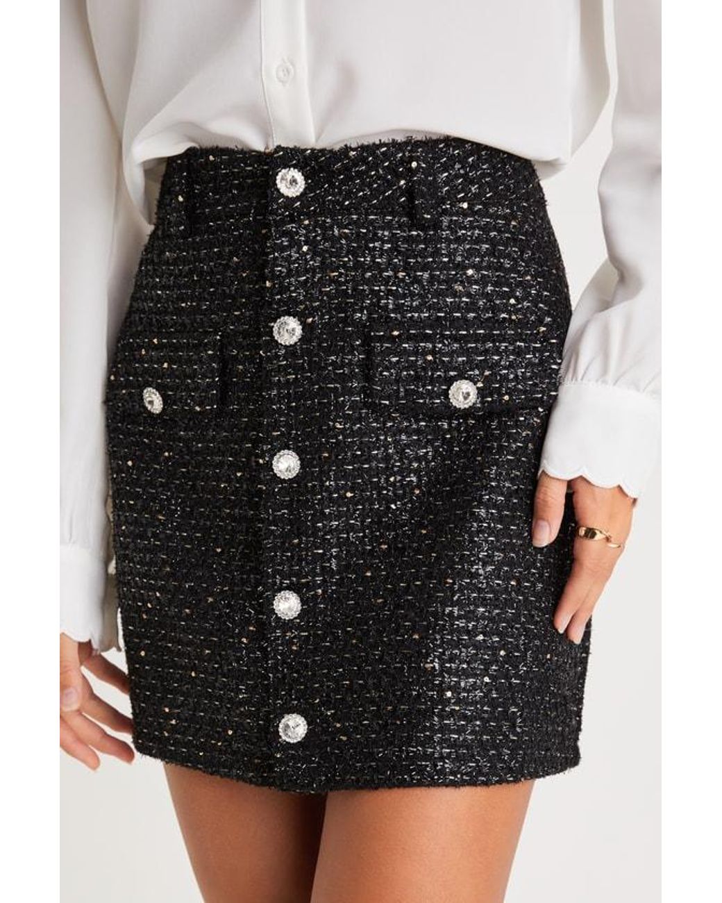Lulus Black Posh Reputation Tweed Rhinestone Button-Front Mini Skirt