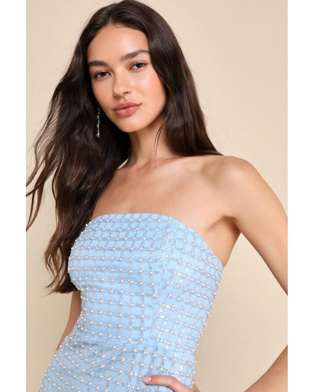 Lulus Blue Perfectly Luxurious Pearl Strapless Maxi Dress