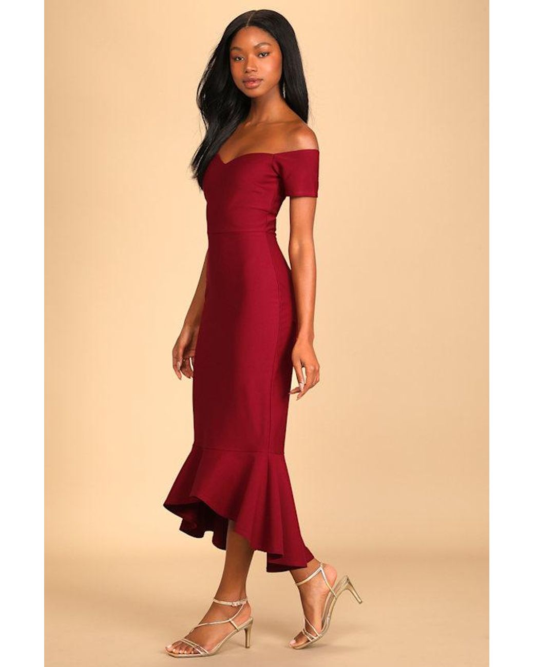 Lulus Red How Much I Care Off-The-Shoulder Midi Dress