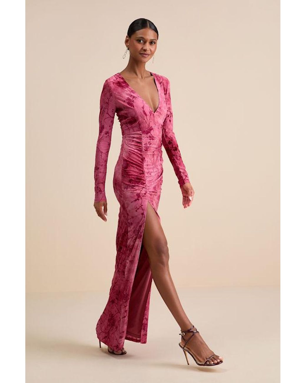 Lulus Pink Dynamic Sensation Floral Velvet Burnout Maxi Dress