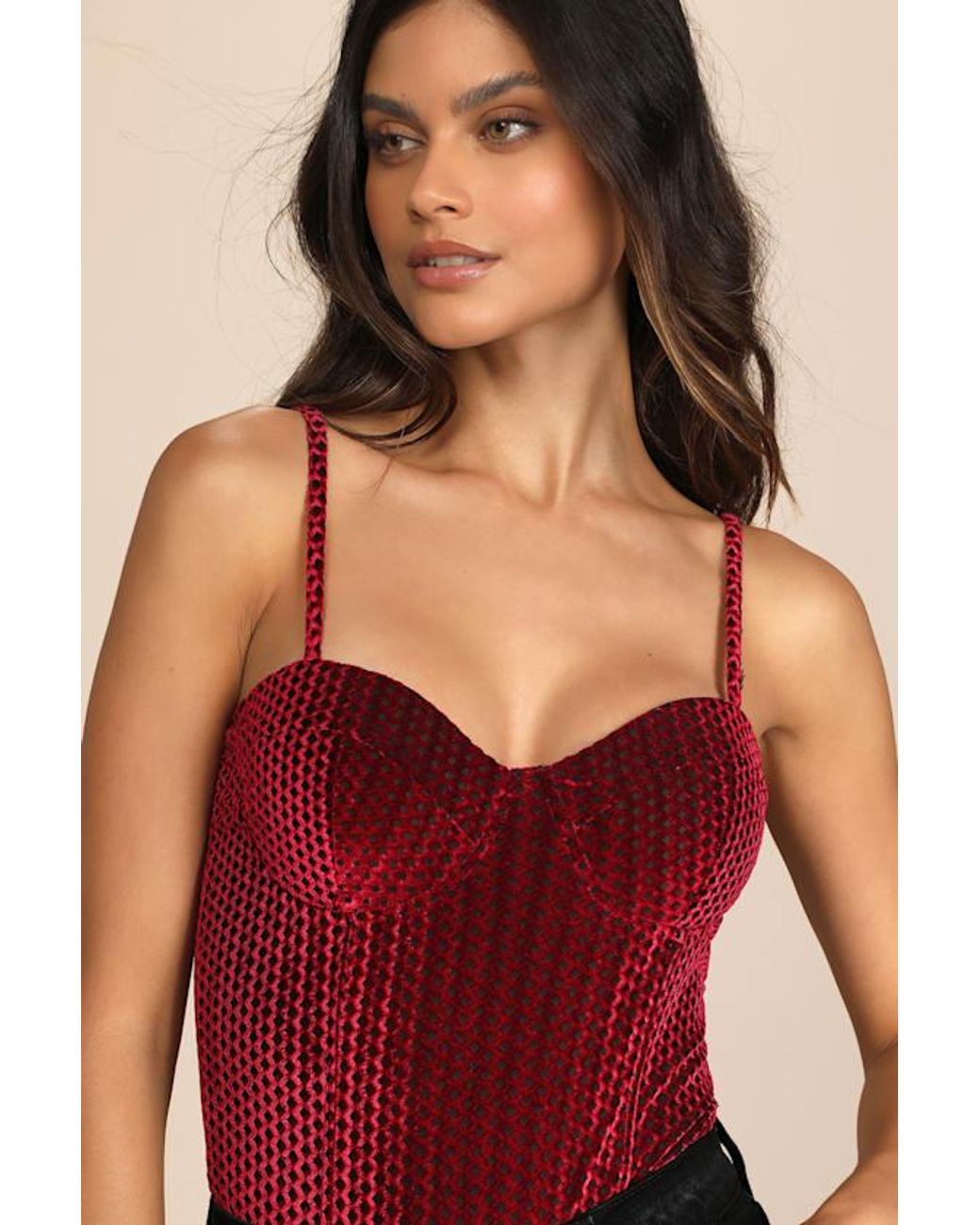 Lulus Red Flirty Feelings Velvet Bustier Bodysuit