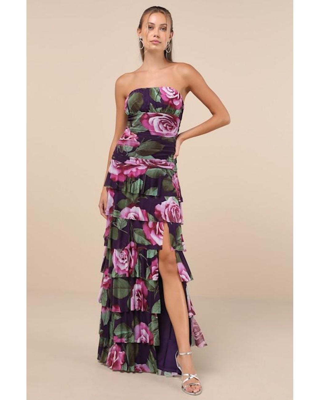 Lulus Purple Phenomenal Aura Plum Floral Ruched Tiered Strapless Maxi Dress