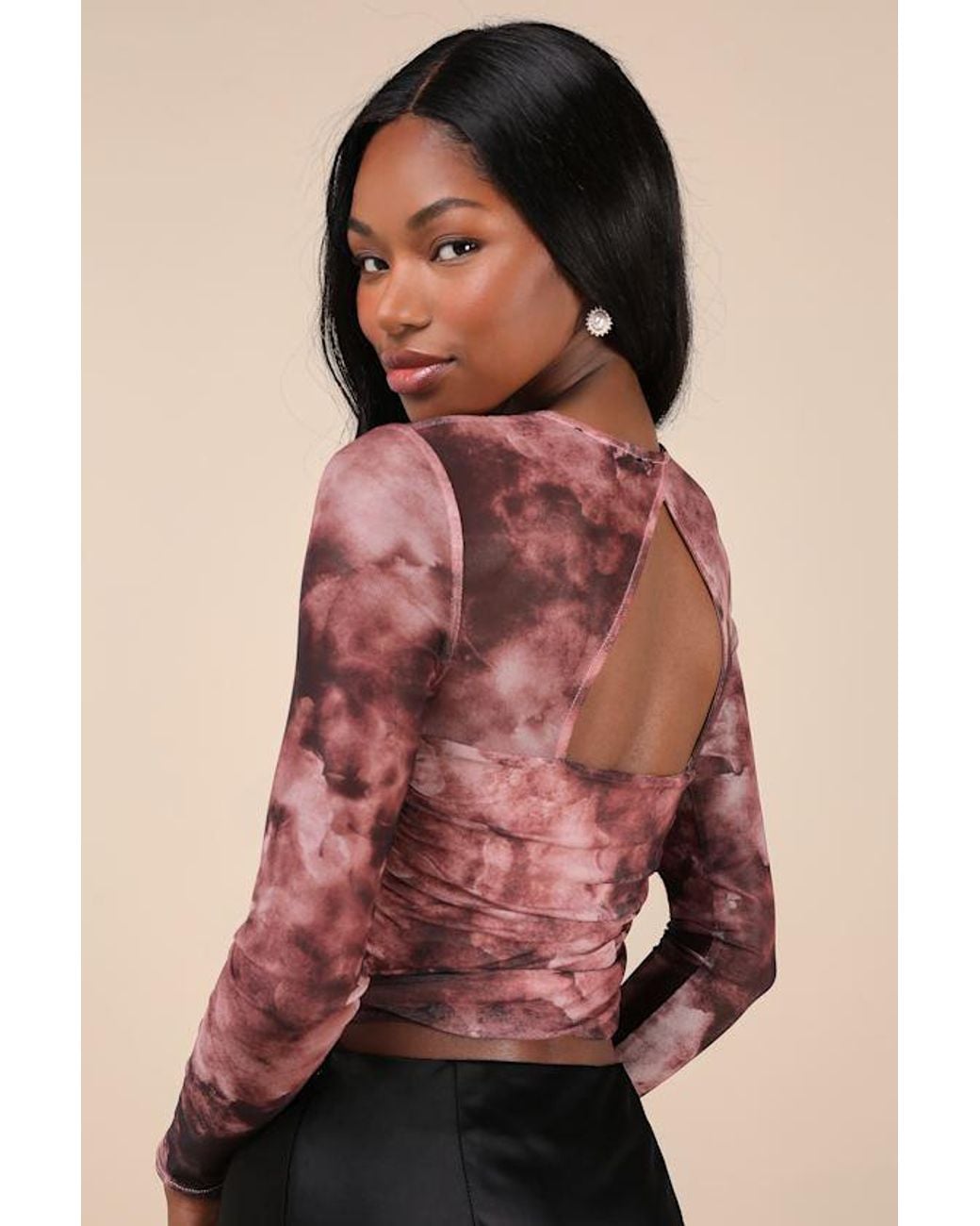 Lulus Purple Coy Cutie Abstract Print Mesh Bustier Long Sleeve Crop Top