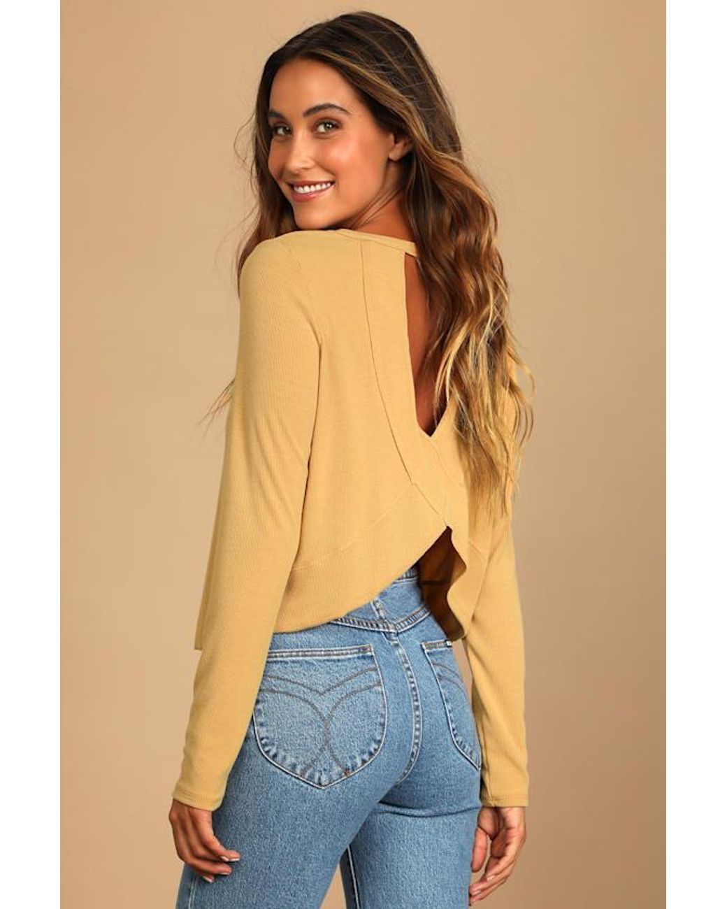 Lulus Natural Sweet Side Ribbed Cutout Long Sleeve Top