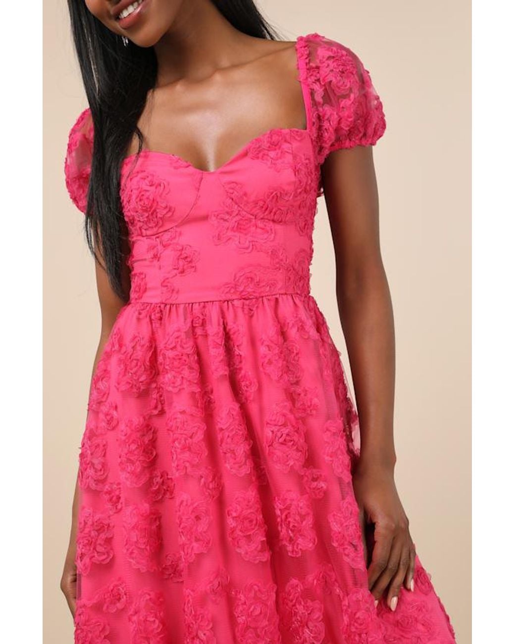 Lulus Pink Notable Elegance Mesh Floral Applique Bustier Midi Dress